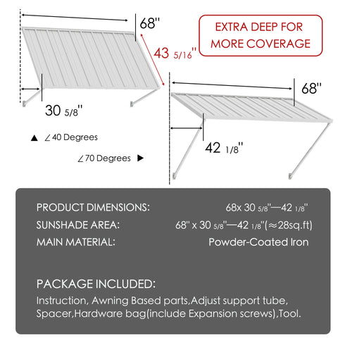 Kozyard 68 inch metal awning dimension diagram showing a 5.67 FT wide wall mounted outdoor canopy with a 43 5/16 inch deep roof panel and adjustable horizontal projection from 30 5/8 to 42 1/8 inches. Features powder coated iron construction and adjustable mounting angles from 40 to 70 degrees. Suitable for exterior door awnings, window canopies, garden shed covers, residential entrance shelters, and outdoor patio shade applications.