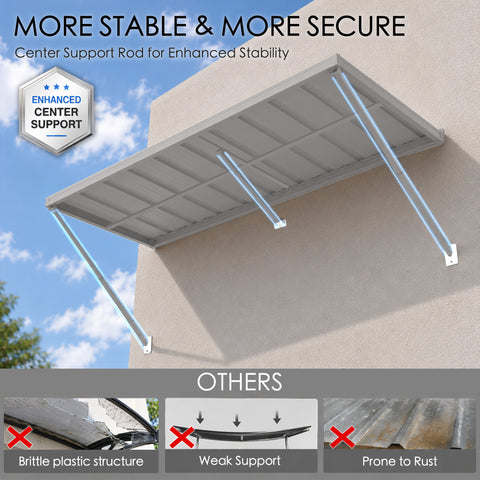 Kozyard 68 inch heavy duty metal awning featuring an enhanced center support rod and reinforced adjustable support arms for improved structural stability. The underside view highlights the sturdy powder coated iron construction and additional support system designed to strengthen the outdoor canopy. Ideal for wall mounted door awnings, residential window covers, backyard entrance canopies, garden shed shelters, and outdoor shade structures requiring dependable support.