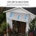 Kozyard 68 inch metal awning featuring an integrated front gutter system designed to channel rainwater toward the canopy edges during heavy rainfall. Installed above a garden shed entrance, this wall mounted outdoor rain canopy helps reduce direct rain exposure at doorways and entry areas. Ideal for residential entrance awnings, garden shed door covers, exterior window canopies, backyard shelters, and outdoor weather protection applications.