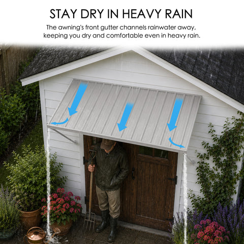 Kozyard 68 inch metal awning featuring an integrated front gutter system designed to channel rainwater toward the canopy edges during heavy rainfall. Installed above a garden shed entrance, this wall mounted outdoor rain canopy helps reduce direct rain exposure at doorways and entry areas. Ideal for residential entrance awnings, garden shed door covers, exterior window canopies, backyard shelters, and outdoor weather protection applications.