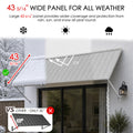 Kozyard 68 inch metal awning featuring an extra deep 43 5/16 inch roof panel designed to provide extended overhead coverage against sun, rain, and snow. The illustrated outdoor canopy demonstrates year round weather protection with a deeper roof surface compared with standard 32 inch deep awnings. Ideal for residential door canopies, garden shed entrance covers, patio door awnings, window sun shades, and exterior rain protection solutions.