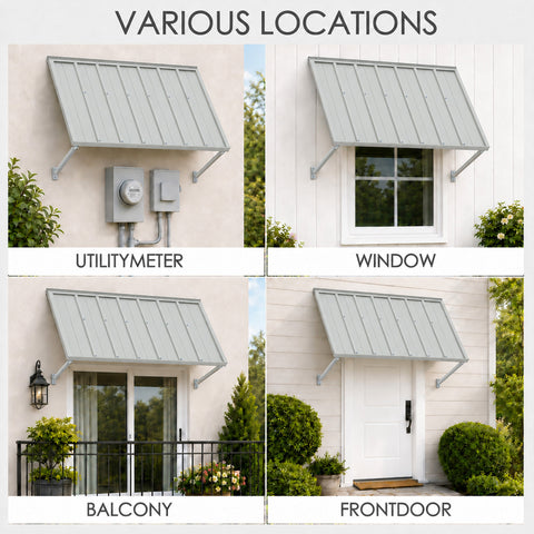 Kozyard 68 inch metal awning displayed in four outdoor installation settings including utility meter protection, residential window coverage, balcony door shelter, and front door entrance canopy. This versatile wall mounted outdoor awning provides overhead shade and weather protection for different areas around the home. Ideal for exterior door awnings, window rain covers, balcony canopies, equipment shelters, garden shed entrances, and residential patio shade solutions.