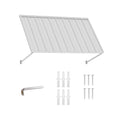 Kozyard 68 inch metal awning product display featuring a corrugated metal roof canopy, adjustable support arms, and included installation accessories. The package includes mounting screws, expansion anchors, and an installation tool for wall mounting. Designed for residential outdoor applications, this 5.67 FT exterior awning provides practical overhead coverage for doorways, windows, balconies, garden sheds, utility equipment, and patio entrances.