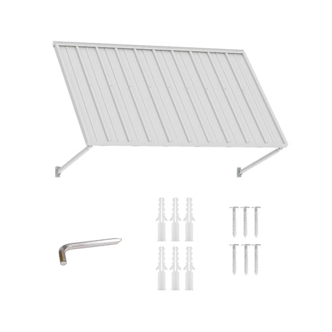 Kozyard 68 inch metal awning product display featuring a corrugated metal roof canopy, adjustable support arms, and included installation accessories. The package includes mounting screws, expansion anchors, and an installation tool for wall mounting. Designed for residential outdoor applications, this 5.67 FT exterior awning provides practical overhead coverage for doorways, windows, balconies, garden sheds, utility equipment, and patio entrances.