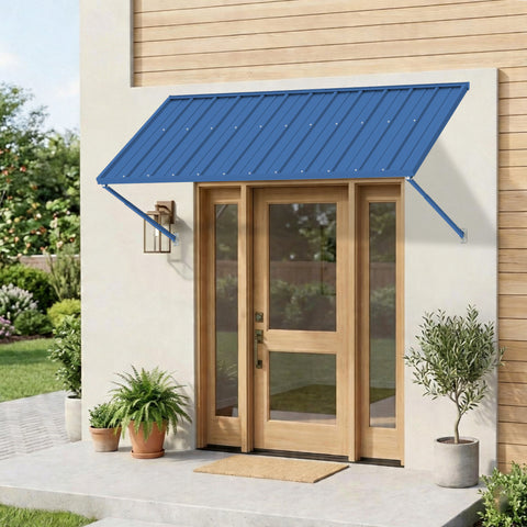 kozyard metal door awning, blue color, modern design, rainproof sunshade canopy for residential front door, window porch outdoor use
