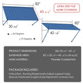 Kozyard 82" metal window awning product dimension chart and technical specifications overview. The detailed blueprint display highlights a 43-5/16 inch depth, a total sunshade area covering approximately 28 square feet, and flexible 40 to 70-degree installation angles. Constructed from heavy-duty powder-coated iron material for rust resistance and maximum durability, this infographic listing image showcases the full package content list, assembly hardware parts, and clear setup guide.
