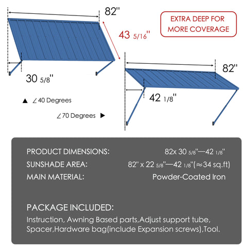 Kozyard 82" metal window awning product dimension chart and technical specifications overview. The detailed blueprint display highlights a 43-5/16 inch depth, a total sunshade area covering approximately 28 square feet, and flexible 40 to 70-degree installation angles. Constructed from heavy-duty powder-coated iron material for rust resistance and maximum durability, this infographic listing image showcases the full package content list, assembly hardware parts, and clear setup guide.