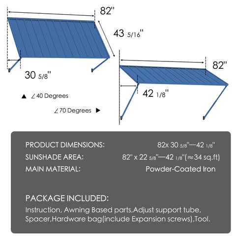 Kozyard 82 Inch Metal Awning Dimensions Diagram Specifications Heavy Duty Powder Coated Iron Frame 34 Sq Ft Sunshade Area Adjustable Tilt Angle Awning Assembly Parts Included