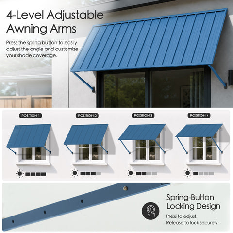 Kozyard 4 Level Adjustable Awning Arms Spring Button Locking Mechanism Customizable Sun Shade Coverage Angle Metal Window Canopy Shelter Easy Tilt Adjustment for Sun Protection
