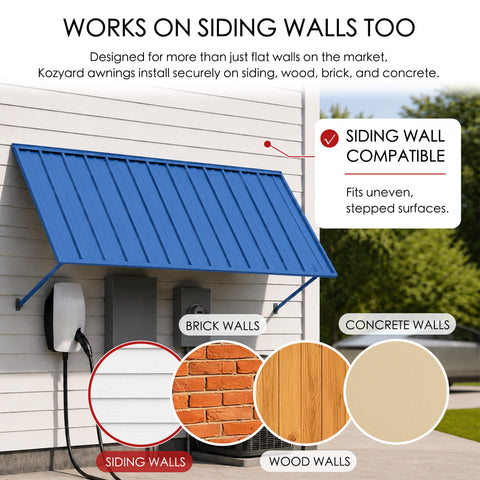 Kozyard metal awning wall compatibility diagram showcasing easy installation on multiple siding surfaces like brick walls, concrete walls, and wood walls. The outdoor application picture features the dark gray canopy mounted securely next to a driveway parking space with a Tesla Cybertruck. The complete kit package includes high-quality stainless steel screws and heavy-duty wall anchors, guaranteeing a straightforward DIY installation process over utility meters or side garage doors.