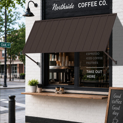Kozyard brown metal awning installed over a coffee shop entrance, featuring a wide fixed canopy design for sun shade and rain protection. This wall mounted outdoor awning is ideal for storefronts, cafés, restaurants, windows, doors, patios and commercial entrances, combining durable powder-coated metal construction with a clean modern look for residential and commercial exterior use.