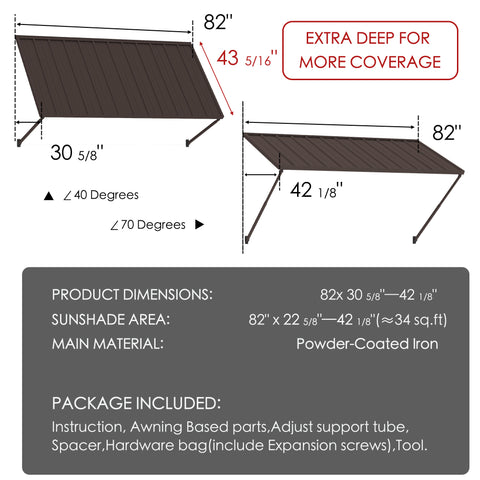 Kozyard 82 inch brown metal awning featuring an extra-deep 43 5/16 inch canopy and adjustable projection from about 30 5/8 to 42 1/8 inches. Built with powder-coated iron, this wall mounted outdoor awning offers approximately 34 sq. ft. of shade and weather coverage for windows, doors, patios, porches, storefronts and residential or commercial exterior spaces.