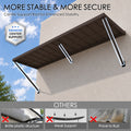 Kozyard outdoor metal awning with enhanced center support rods for improved strength, stability and secure wall mounting. The durable brown powder-coated iron canopy is designed to resist sagging and provide reliable shade and weather protection over doors, windows, storefronts and patios. Ideal for residential and commercial exterior applications requiring a sturdy fixed awning structure.