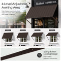 Kozyard adjustable metal awning featuring 4-level awning arms with spring-button locking for customized shade angles and coverage. This brown wall mounted outdoor canopy can be positioned at multiple projections to block sun and protect windows, doors, storefronts and patios. Durable fixed awning design offers flexible residential or commercial shade with secure adjustable support arms.