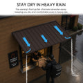 Kozyard brown metal door and window awning designed with a front gutter channel to direct rainwater away from the covered area during heavy rain. This wall mounted outdoor canopy provides dependable rain protection and shade for cafés, storefronts, patios, windows and entrances while helping keep seating and walkways drier. Durable metal construction is suited for residential and commercial exterior use.