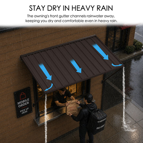 Kozyard brown metal door and window awning designed with a front gutter channel to direct rainwater away from the covered area during heavy rain. This wall mounted outdoor canopy provides dependable rain protection and shade for cafés, storefronts, patios, windows and entrances while helping keep seating and walkways drier. Durable metal construction is suited for residential and commercial exterior use.