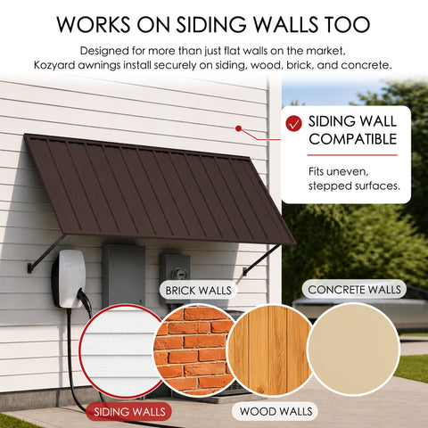 Kozyard wall mounted metal awning compatible with siding, brick, wood and concrete walls, making it suitable for a wide range of residential and commercial installations. The brown outdoor canopy provides sun shade and weather protection over windows, doors, storefronts, patios and entrances, while the mounting design accommodates uneven or stepped siding surfaces for versatile exterior use.