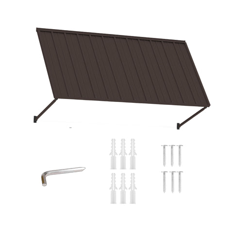 Kozyard brown metal awning for multiple outdoor applications including equipment covers, commercial storefront facades, backyard doors and garage entrances. This durable wall mounted fixed canopy provides sun shade, rain protection and exterior coverage for residential and commercial spaces, making it a versatile outdoor awning solution for windows, doors, patios, utility areas and business entrances.