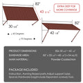 Kozyard 82" metal window awning product dimension chart and technical specifications overview. The detailed blueprint display highlights a 43-5/16 inch depth, a total sunshade area covering approximately 28 square feet, and flexible 40 to 70-degree installation angles. Constructed from heavy-duty powder-coated iron material for rust resistance and maximum durability, this infographic listing image showcases the full package content list, assembly hardware parts, and clear setup guide.