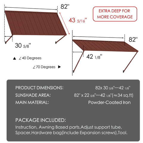 Kozyard 82" metal window awning product dimension chart and technical specifications overview. The detailed blueprint display highlights a 43-5/16 inch depth, a total sunshade area covering approximately 28 square feet, and flexible 40 to 70-degree installation angles. Constructed from heavy-duty powder-coated iron material for rust resistance and maximum durability, this infographic listing image showcases the full package content list, assembly hardware parts, and clear setup guide.