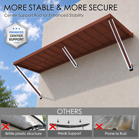 Kozyard metal awning features enhanced center support rods for improved stability, strength and secure wall-mounted performance. The reinforced metal construction helps support the wide awning roof while avoiding common problems associated with brittle plastic structures, weak supports and rust-prone materials. Designed for dependable outdoor use, this heavy duty fixed awning is ideal as a door canopy, window awning, patio awning, storefront cover, commercial awning, rain shelter and exterior sun shade for 