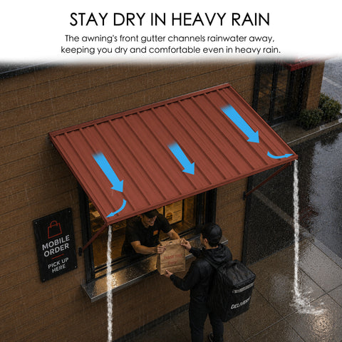Kozyard outdoor metal awning helps keep entrances, windows and patio areas protected during heavy rain with an integrated front gutter designed to channel rainwater toward the sides. The sloped metal roof promotes efficient water runoff while providing dependable overhead coverage for residential and commercial spaces. Ideal as a rain awning, door canopy, window awning, storefront awning, patio rain cover, entrance shelter, commercial canopy and outdoor sun shade for cafes, restaurants, homes and businesses