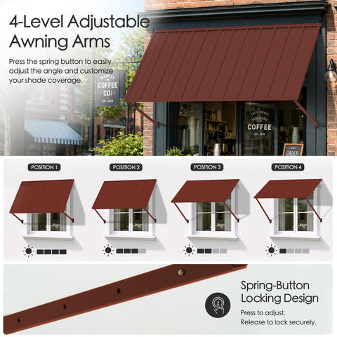 Kozyard metal awning features 4-level adjustable support arms with a convenient spring-button locking design, allowing users to change the awning angle and customize shade coverage for different sun conditions. Press to adjust and release to securely lock the support arms into position. This versatile wall-mounted outdoor awning is ideal as a door awning, window canopy, patio awning, storefront sun shade, commercial awning, entrance cover and adjustable rain shelter for residential and business exterior spa