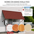 Kozyard metal awning wall compatibility diagram showcasing easy installation on multiple siding surfaces like brick walls, concrete walls, and wood walls. The outdoor application picture features the dark gray canopy mounted securely next to a driveway parking space with a Tesla Cybertruck. The complete kit package includes high-quality stainless steel screws and heavy-duty wall anchors, guaranteeing a straightforward DIY installation process over utility meters or side garage doors.