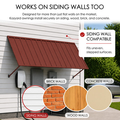 Kozyard metal awning wall compatibility diagram showcasing easy installation on multiple siding surfaces like brick walls, concrete walls, and wood walls. The outdoor application picture features the dark gray canopy mounted securely next to a driveway parking space with a Tesla Cybertruck. The complete kit package includes high-quality stainless steel screws and heavy-duty wall anchors, guaranteeing a straightforward DIY installation process over utility meters or side garage doors.