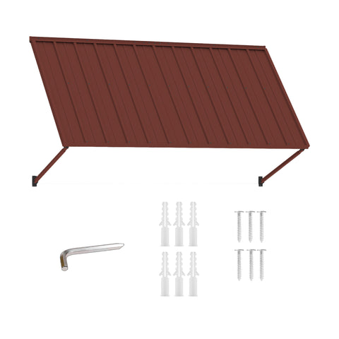 Kozyard 82 inch metal awning includes a wide brown metal canopy, adjustable support arms and essential mounting hardware for secure wall installation. The package includes wall anchors, screws and installation tool components for mounting the fixed outdoor awning above doors, windows, storefronts or exterior spaces. Designed for residential and commercial use, this metal door awning is ideal as a window canopy, patio awning, storefront cover, entrance shelter, rain cover, sun shade and all weather outdoor 