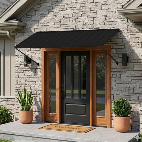 Kozyard 82-inch adjustable metal door awning installed above a modern front entrance, featuring a heavy-duty powder-coated steel frame and black galvanized metal roof. This outdoor door canopy provides reliable rain protection, UV sun shade, snow resistance, and year-round weather protection for residential homes. Designed for front doors, entryways, patios, garages, porches, and commercial storefronts, this durable exterior awning enhances curb appeal while protecting doors and windows from rain, sunlight,