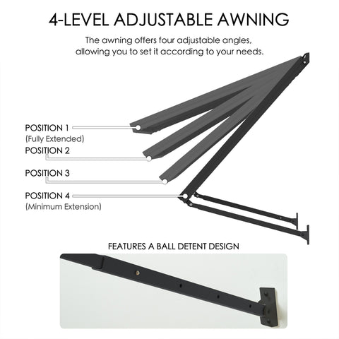 kozyard 4-Level Adjustable Awning, Ball Detent Design, Multi-Position Patio Canopy, Customizable Extension Length, Powder-Coated Iron Support Arms, All-Weather Outdoor Shade
