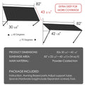 Kozyard 82" metal window awning product dimension chart and technical specifications overview. The detailed blueprint display highlights a 43-5/16 inch depth, a total sunshade area covering approximately 28 square feet, and flexible 40 to 70-degree installation angles. Constructed from heavy-duty powder-coated iron material for rust resistance and maximum durability, this infographic listing image showcases the full package content list, assembly hardware parts, and clear setup guide.