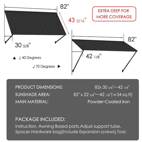 Kozyard 82" metal window awning product dimension chart and technical specifications overview. The detailed blueprint display highlights a 43-5/16 inch depth, a total sunshade area covering approximately 28 square feet, and flexible 40 to 70-degree installation angles. Constructed from heavy-duty powder-coated iron material for rust resistance and maximum durability, this infographic listing image showcases the full package content list, assembly hardware parts, and clear setup guide.