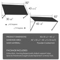 Kozyard 82-inch metal awning dimensions showing adjustable projection from 30 5/8 inches to 42 1/8 inches with 40° to 70° angle settings. Heavy-duty powder-coated iron frame with galvanized steel roof panel offers approximately 34 square feet of coverage. Ideal adjustable outdoor awning for front doors, windows, patios, garages, storefronts, and commercial entrances. Includes mounting hardware, expansion bolts, support arms, and installation accessories for brick, concrete, and wood walls.