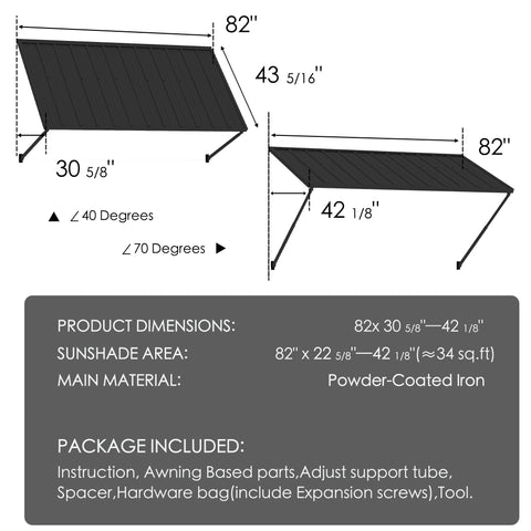 Kozyard 82-inch metal awning dimensions showing adjustable projection from 30 5/8 inches to 42 1/8 inches with 40° to 70° angle settings. Heavy-duty powder-coated iron frame with galvanized steel roof panel offers approximately 34 square feet of coverage. Ideal adjustable outdoor awning for front doors, windows, patios, garages, storefronts, and commercial entrances. Includes mounting hardware, expansion bolts, support arms, and installation accessories for brick, concrete, and wood walls.