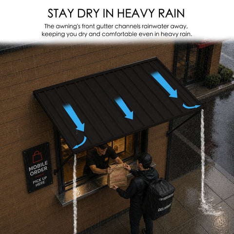 Kozyard metal door awning with integrated front drainage channel efficiently diverts rainwater away from entrances, keeping doorways dry during heavy rain. Heavy-duty galvanized steel roof and powder-coated support arms provide dependable waterproof protection, UV resistance, and all-weather durability. Perfect outdoor awning canopy for front doors, patios, storefronts, garages, windows, and commercial entrances, reducing water buildup while protecting people, packages, and entryways from rain and moisture.