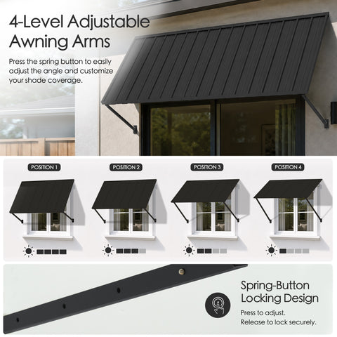 Kozyard adjustable metal awning with four-position locking support arms allows users to customize the awning angle from approximately 40° to 70° for optimal sun shade and rain coverage. Spring-button locking system provides quick, secure adjustment while maintaining excellent stability. Heavy-duty galvanized steel roof and powder-coated frame make this adjustable outdoor canopy ideal for front doors, windows, patios, porches, garages, storefronts, and residential or commercial exterior applications.