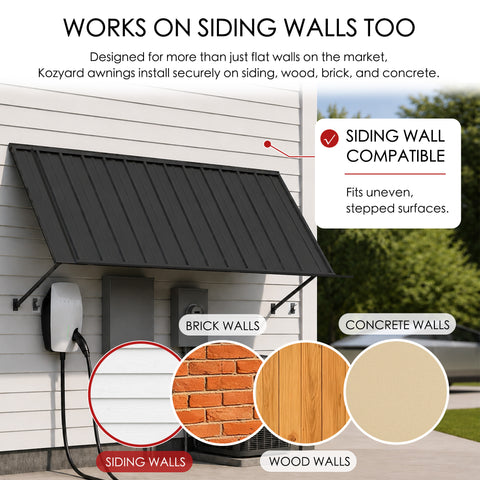 Kozyard metal awning wall compatibility diagram showcasing easy installation on multiple siding surfaces like brick walls, concrete walls, and wood walls. The outdoor application picture features the dark gray canopy mounted securely next to a driveway parking space with a Tesla Cybertruck. The complete kit package includes high-quality stainless steel screws and heavy-duty wall anchors, guaranteeing a straightforward DIY installation process over utility meters or side garage doors.