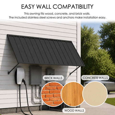 Kozyard metal door awning designed for easy installation on brick walls, concrete walls, and wood siding using included stainless steel screws, expansion anchors, and mounting hardware. Heavy-duty powder-coated steel frame and galvanized roof provide secure attachment and long-lasting weather resistance. Ideal exterior canopy for front doors, garage entrances, patios, windows, utility equipment, storefronts, and residential or commercial buildings requiring durable all-weather overhead protection.