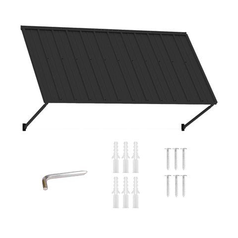 Kozyard 82-inch adjustable metal awning kit includes galvanized steel roof panel, powder-coated support arms, mounting brackets, expansion anchors, stainless steel screws, and installation tool for quick assembly. Heavy-duty outdoor door canopy provides dependable protection from rain, snow, sunlight, and UV exposure while enhancing residential and commercial exteriors. Ideal for front doors, windows, patios, garages, porches, storefronts, and entryways requiring durable all-weather overhead shelter with mo