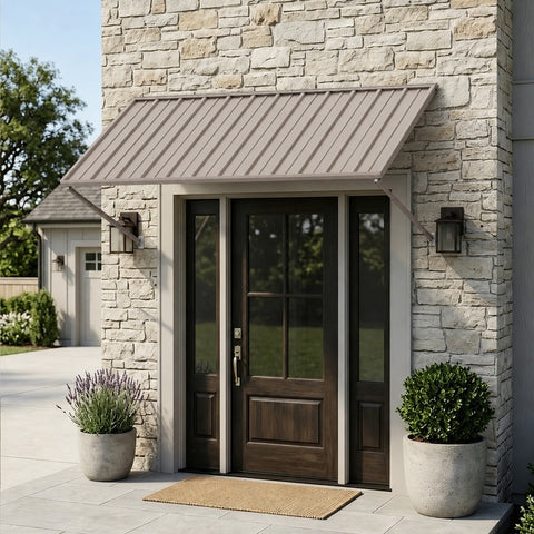 Kozyard 82 inch solid metal front door awning, heavy duty khaki steel window canopy, outdoor entry door rain shelter overhead protector, modern exterior house porch awning for sun rain protection, durable rust resistant powder coated iron frame design for residential homes