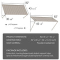 Kozyard 82x30 inch metal door awning dimensions diagram, 40 to 70 degree adjustable slant angle window canopy specifications, 34 sq ft sunshade area coverage, heavy duty powder coated iron frame door canopy overhead shelter package details with expansion screws and hardware included