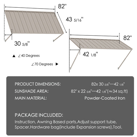 Kozyard 82x30 inch metal door awning dimensions diagram, 40 to 70 degree adjustable slant angle window canopy specifications, 34 sq ft sunshade area coverage, heavy duty powder coated iron frame door canopy overhead shelter package details with expansion screws and hardware included