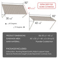 Kozyard 82" metal window awning product dimension chart and technical specifications overview. The detailed blueprint display highlights a 43-5/16 inch depth, a total sunshade area covering approximately 28 square feet, and flexible 40 to 70-degree installation angles. Constructed from heavy-duty powder-coated iron material for rust resistance and maximum durability, this infographic listing image showcases the full package content list, assembly hardware parts, and clear setup guide.