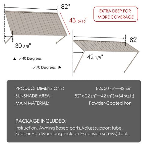 Kozyard 82" metal window awning product dimension chart and technical specifications overview. The detailed blueprint display highlights a 43-5/16 inch depth, a total sunshade area covering approximately 28 square feet, and flexible 40 to 70-degree installation angles. Constructed from heavy-duty powder-coated iron material for rust resistance and maximum durability, this infographic listing image showcases the full package content list, assembly hardware parts, and clear setup guide.