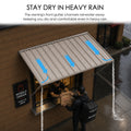 Kozyard exterior metal awning with built-in front rain gutter system channeling rainwater away, heavy duty waterproof outdoor window canopy for commercial pickup counter, rainproof front door shade cover for home business, heavy rain protection overhead steel canopy