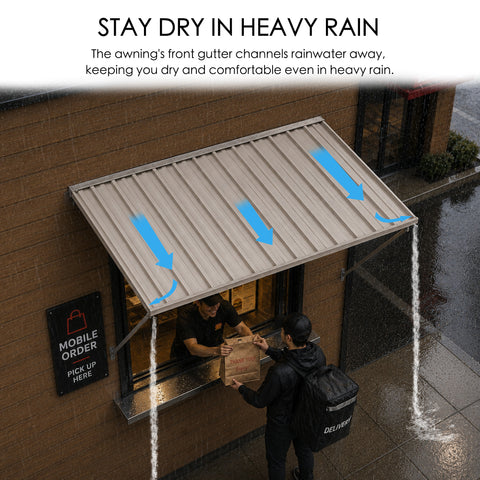 Kozyard exterior metal awning with built-in front rain gutter system channeling rainwater away, heavy duty waterproof outdoor window canopy for commercial pickup counter, rainproof front door shade cover for home business, heavy rain protection overhead steel canopy
