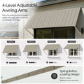 Kozyard 4 level adjustable metal window awning with spring button locking mechanism, customizable tilt angle shade coverage position 1 to 4, easy angle adjustment door canopy awning for sun shade control, durable metal patio porch awning extension