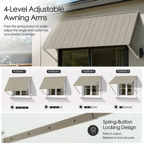 Kozyard 4 level adjustable metal window awning with spring button locking mechanism, customizable tilt angle shade coverage position 1 to 4, easy angle adjustment door canopy awning for sun shade control, durable metal patio porch awning extension